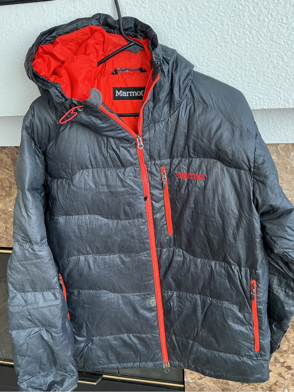 Marmot AMA DABLAM Dark Gray/Orange Hooded Down Jacket